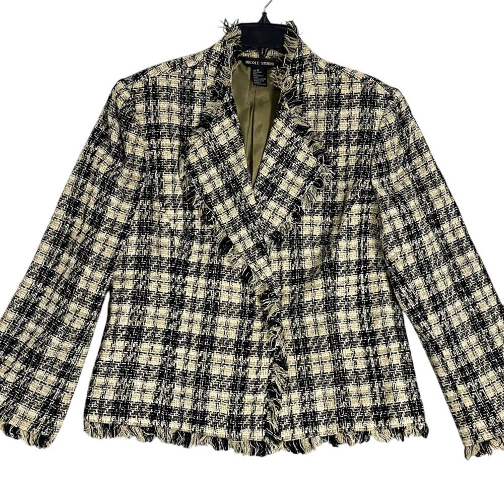 Nicole Studio Blazer Womens‎ 18 Cream/Black Plaid Tweed Fringe Boho Party